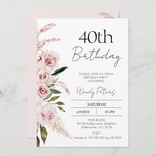 Invitation d'anniversaire florale de Boho rose vif (Devant / Derrière)