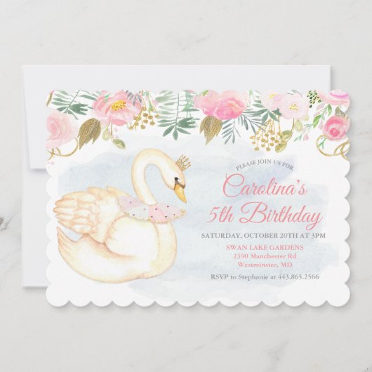 Invitation d'anniversaire florale de cygne - TOUT (Devant)