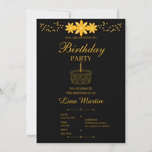 Invitation d'anniversaire florale en or de luxe (Devant)