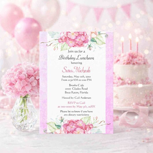 Invitation d'anniversaire florale Hydrangea rose é