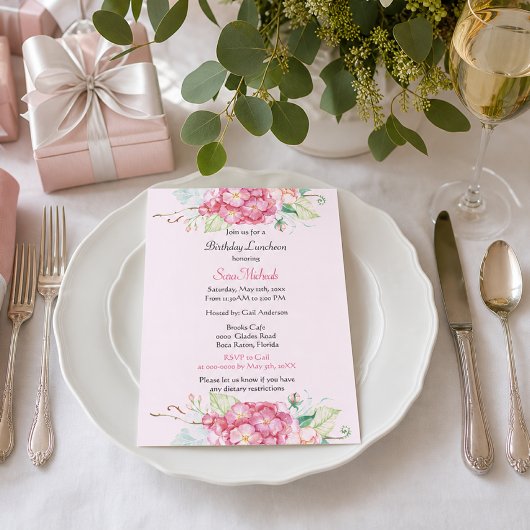 Invitation d'anniversaire florale Hydrangea rose é