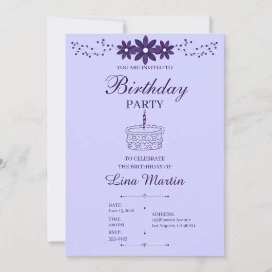 Invitation d'anniversaire florale lavande (Devant)