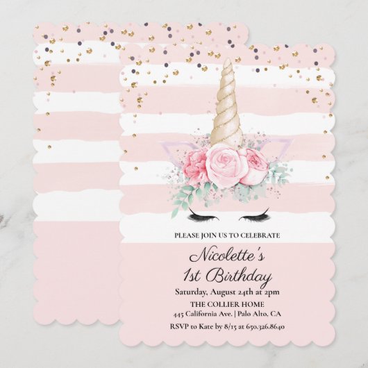 Invitation d'anniversaire florale licorne - TOUS Â (Devant / Derrière)