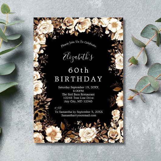 Invitation d'anniversaire florale noire blanche et
