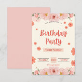 Invitation d'anniversaire florale pêche et corail (Devant / Derrière)