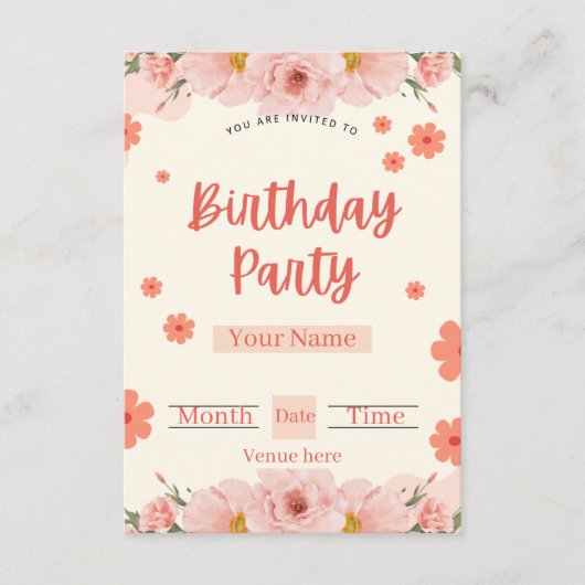 Invitation d'anniversaire florale pêche et corail (Devant)
