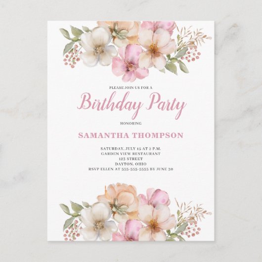 Invitation d'anniversaire florale pêche rose (Devant)