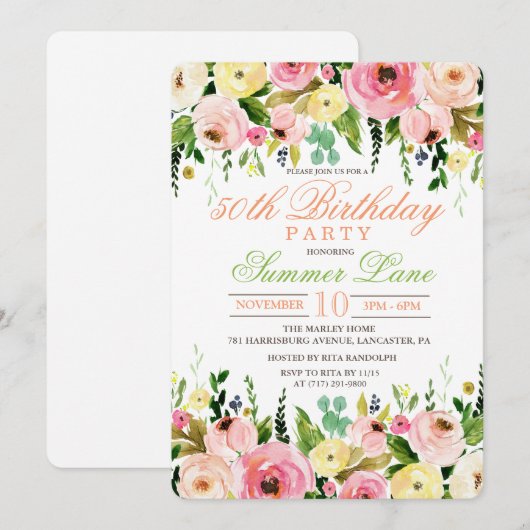 Invitation d'anniversaire florale pour tout âge (Devant / Derrière)