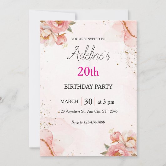 Invitation d'anniversaire florale Rose Blush (Devant)