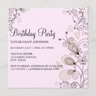 Invitation d'anniversaire florale rose et noire
