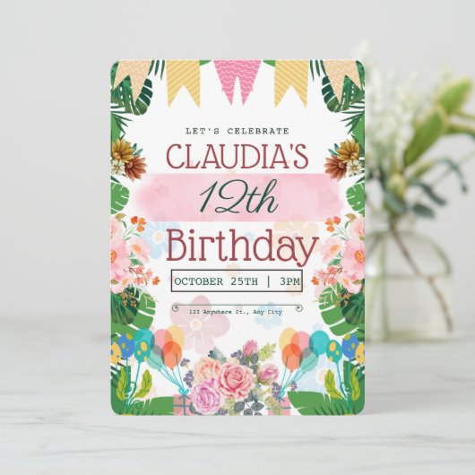 Invitation d'anniversaire florale verte colorée (Debout devant)
