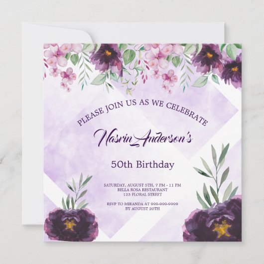 Invitation d'anniversaire florale violette élégant (Devant)