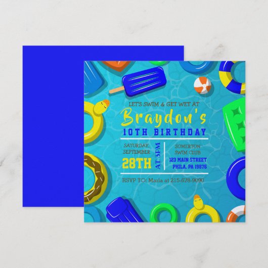 Invitation d'anniversaire FLOTTEURS DE NAGE POUR G (Devant / Derrière)