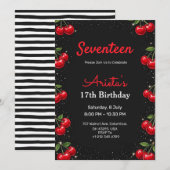 Invitation d'anniversaire fond noir thème cerises (Devant / Derrière)