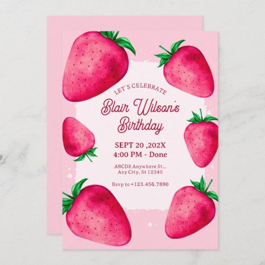 Invitation d'anniversaire fraise rose (Devant / Derrière)