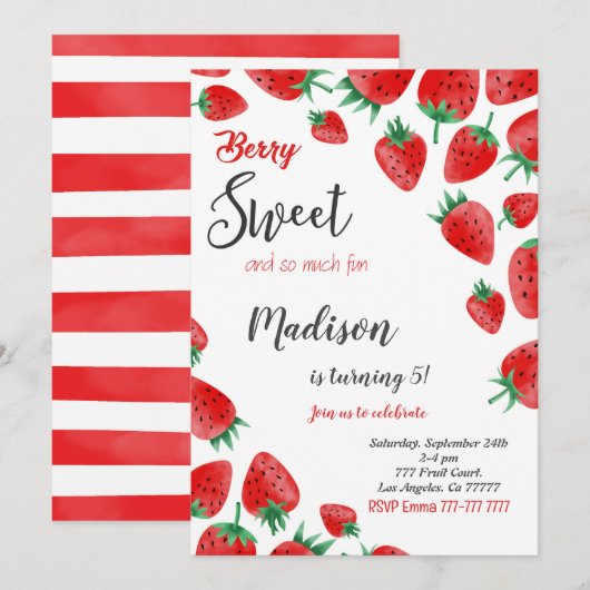 Invitation d'anniversaire fraise rouge (Devant / Derrière)