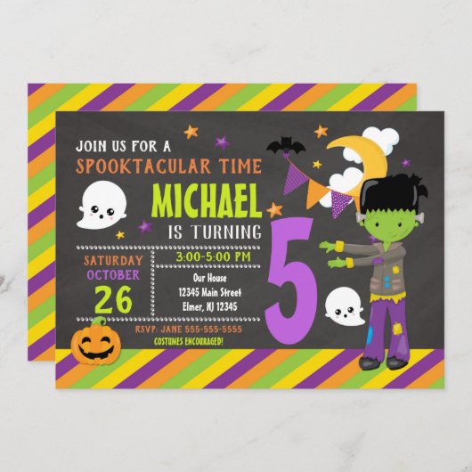 Invitation d'anniversaire Frankenstein Halloween (Devant / Derrière)