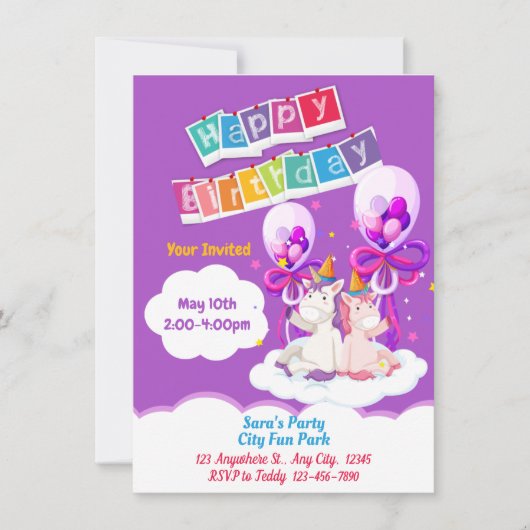 Invitation d'anniversaire Fun Unicorn Balloon (Devant)