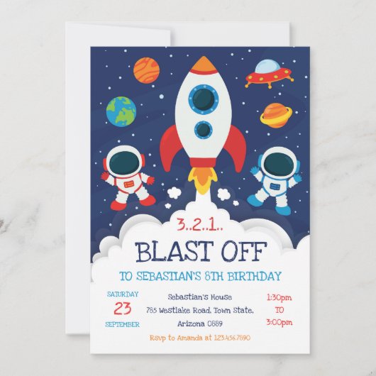 Invitation d'anniversaire Fusée spatiale Astronaut (Devant)