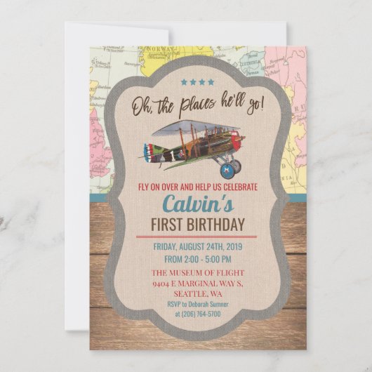 Invitation d'anniversaire garçon avion vintage - T (Devant)