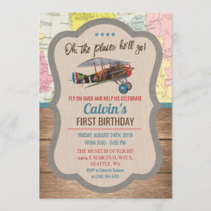 Invitation d'anniversaire garçon avion vintage - T