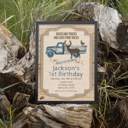 Invitation d'anniversaire garçon camion cerf rusti