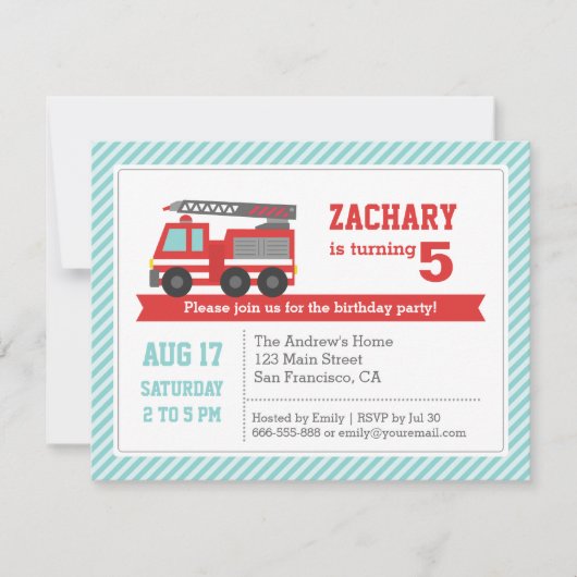 Invitation d'anniversaire garçon camion de pompier (Devant)
