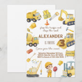 Invitation d'anniversaire garçon camions de constr (Devant / Derrière)