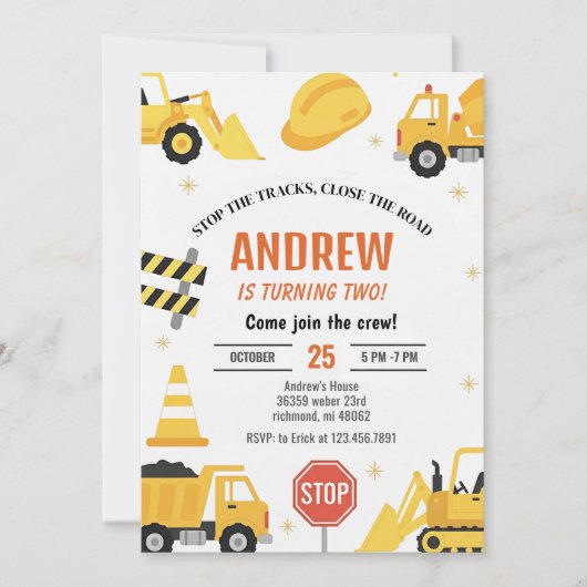 Invitation d'anniversaire garçon construction mode (Devant)
