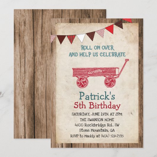 Invitation d'anniversaire garçon de chariot rustiq (Devant / Derrière)