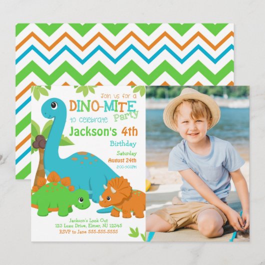 Invitation d'anniversaire garçon dinosaure / Fête (Devant / Derrière)