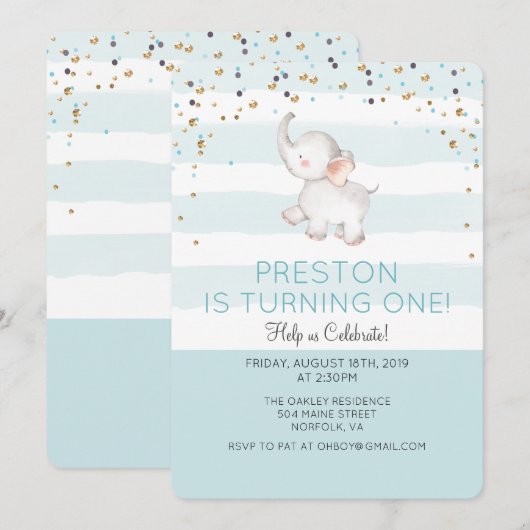 Invitation d'anniversaire garçon éléphant - TOUS Â (Devant / Derrière)