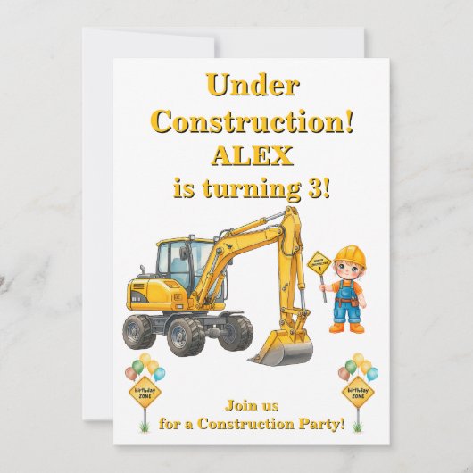 Invitation d'anniversaire garçon en construction (Devant)