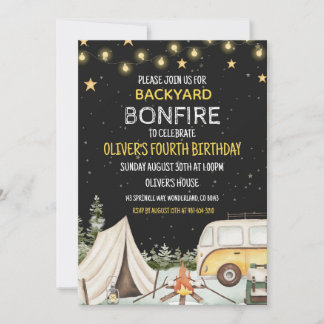 Invitation d'anniversaire garçon feu de camp arriè