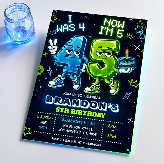 Invitation d'anniversaire garçon Neon Glow 5 ans