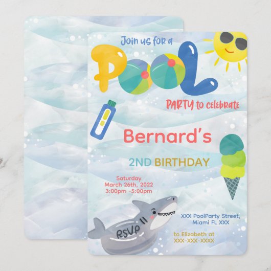 Invitation d'anniversaire garçon piscine (Devant / Derrière)