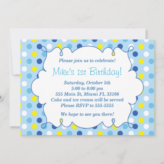 Invitation d'anniversaire garçon Pois bleu jaune (Devant)