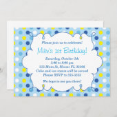 Invitation d'anniversaire garçon Pois bleu jaune (Devant / Derrière)