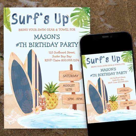 Invitation d'anniversaire garçon surf planche de s