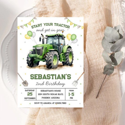 Invitation d'anniversaire garçon tracteur vert