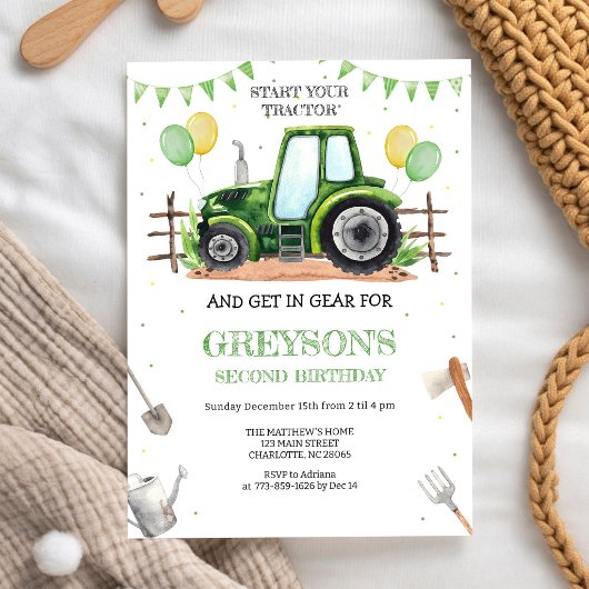 Invitation d'anniversaire garçon tracteur vert