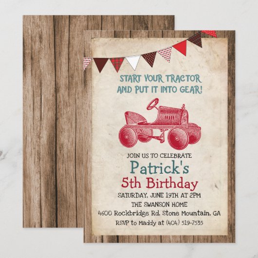 Invitation d'anniversaire garçon tracteur vintage (Devant / Derrière)