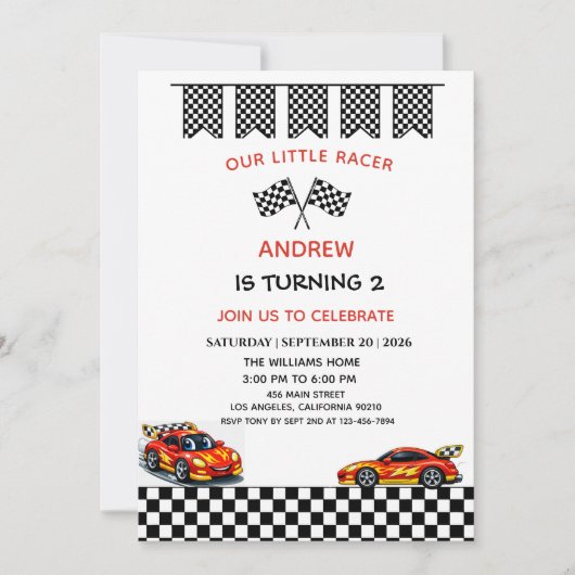 Invitation d'anniversaire garçon voiture de course (Devant)