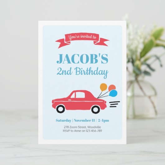 Invitation d'anniversaire garçon voiture pour enfa (Debout devant)