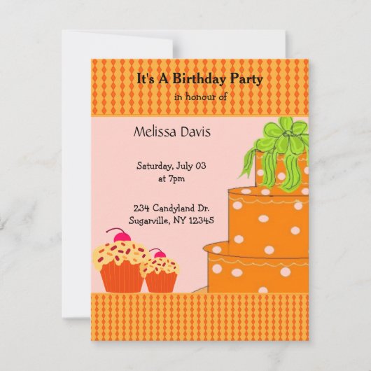 Invitation d'anniversaire Gâteau orange et Cupcake (Devant)