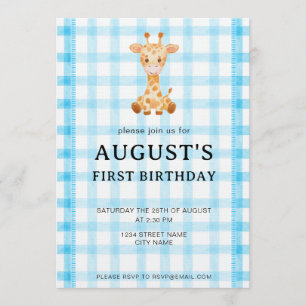 Invitation d'anniversaire girafe à carreaux bleu c