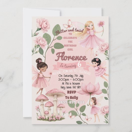 Invitation d'anniversaire girly fée (Devant)