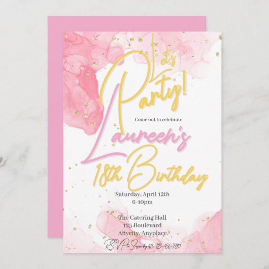 Invitation d'anniversaire Girly Pink and Gold Spec (Devant / Derrière)