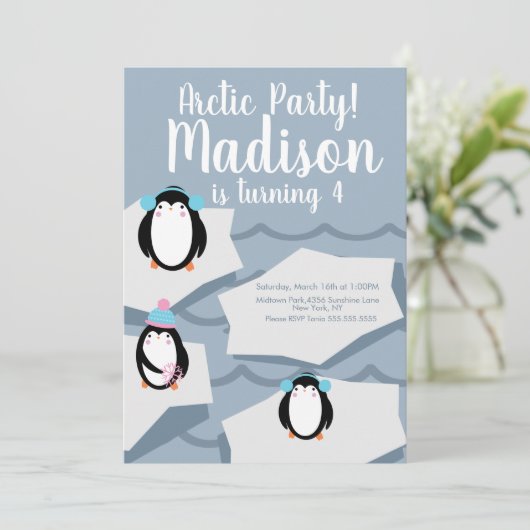 Invitation d'anniversaire glace pingouin moderne d (Debout devant)