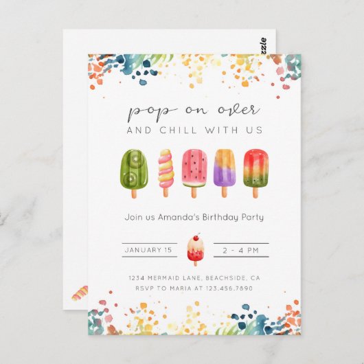 Invitation d'anniversaire glace popsicle d'été (Devant / Derrière)